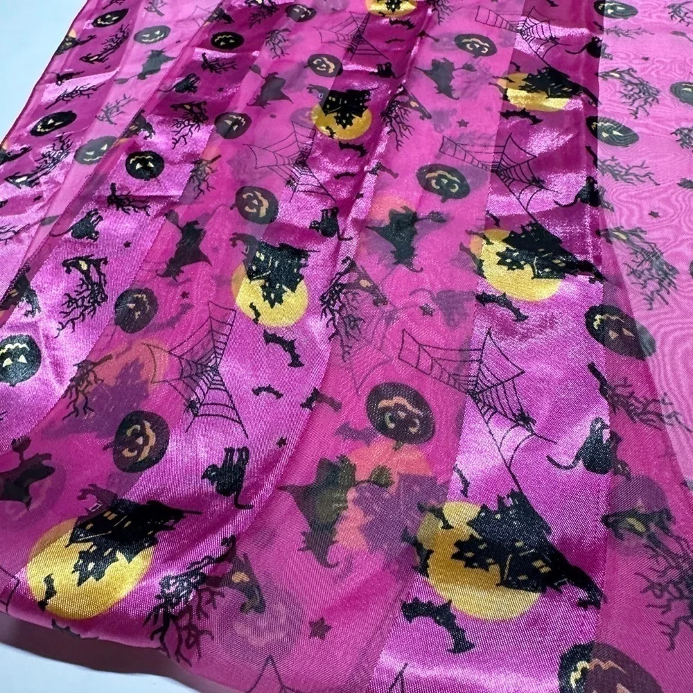 Purple Satin Halloween Scarf Witch Pumpkin Cat Bat Web 61x11.75” Rectangle